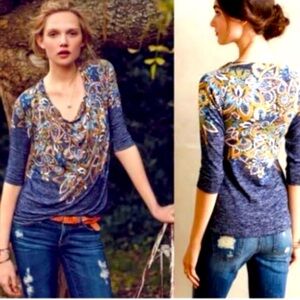 Anthropologie Postmark Blue and White Graphic 3/4 Sleeve Top